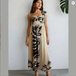 NWOT Anthropologie Letmebe 2X Palm Printed One Shoulder Maxie Dress